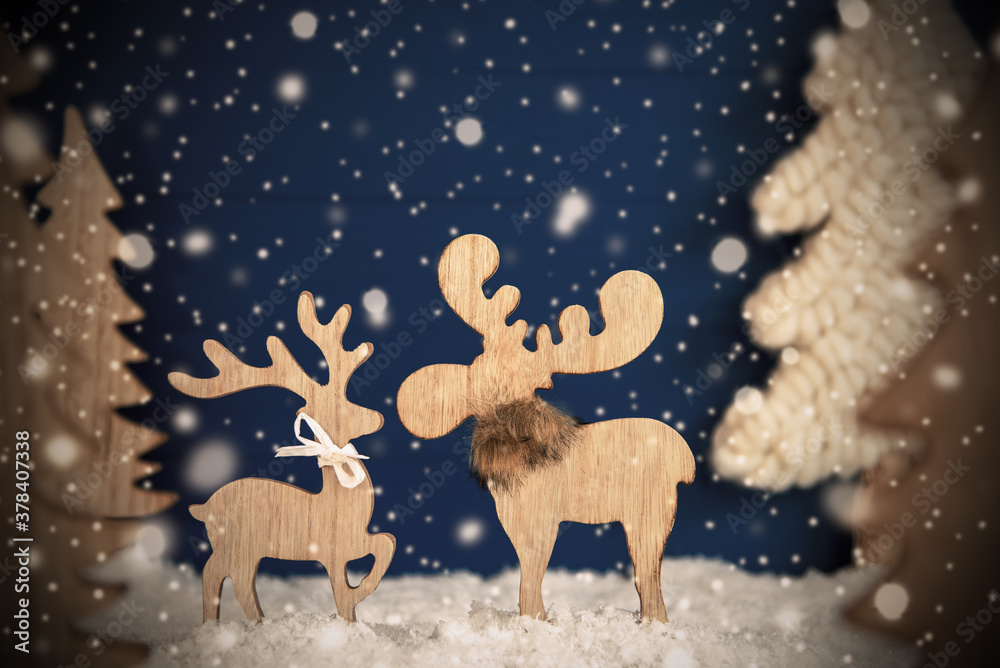 Moose Couple In Love With Black Wooden Background. Christmas Trees With Snow And Snowflakes