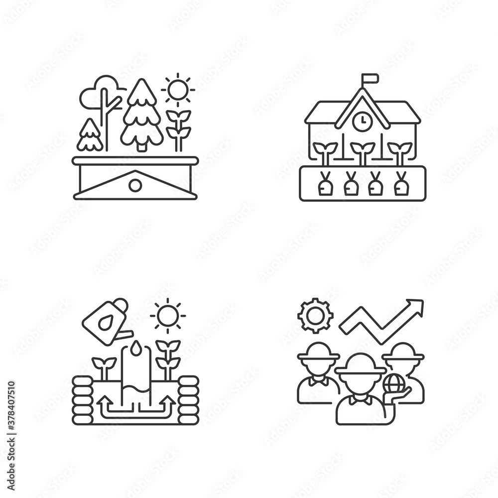 Community farming linear icons set. Green roof. School gardening in backyard. Watering crop. Customizable thin line contour symbols. Isolated vector outline illustrations. Editable stroke