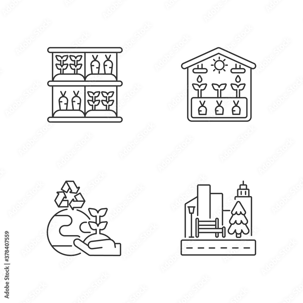 Ecological production linear icons set. Vertical garden. Greenhouse professional production. Customizable thin line contour symbols. Isolated vector outline illustrations. Editable stroke