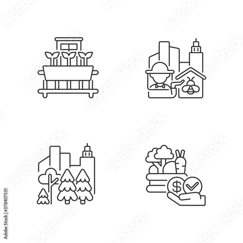 Urban agriculture production linear icons set. City forest. Affordable food. Urban beekeeping. Customizable thin line contour symbols. Isolated vector outline illustrations. Editable stroke