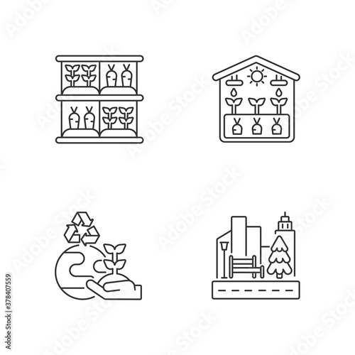 Ecological production linear icons set. Vertical garden. Greenhouse professional production. Customizable thin line contour symbols. Isolated vector outline illustrations. Editable stroke