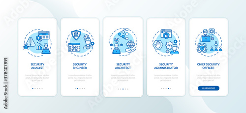 Cybersecurity jobs onboarding mobile app page screen with concepts. Engineer, chief officer, architect walkthrough 5 steps graphic instructions. UI vector template with RGB color illustrations