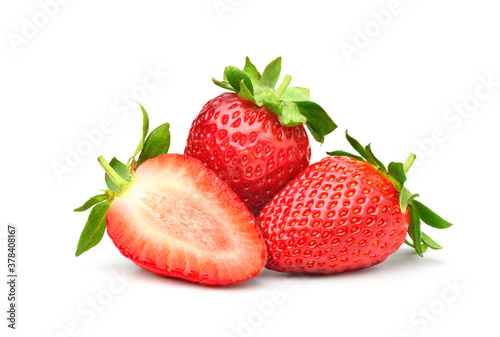 Juicy Red Strawberry with half sliced islated on white background.