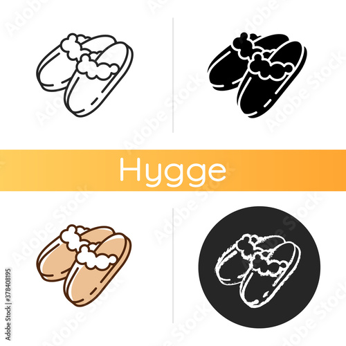 Sheepskin shearling slippers icon. Comfortable home shoes. Hygge style. Comfy knit bootie slippers. Coziness atmosphere. Linear black and RGB color styles. Isolated vector illustrations