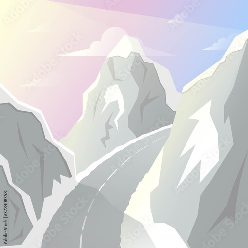 Winter dawn in the mountains. A highway that runs high between the peaks of mountains. Vector illustration.
