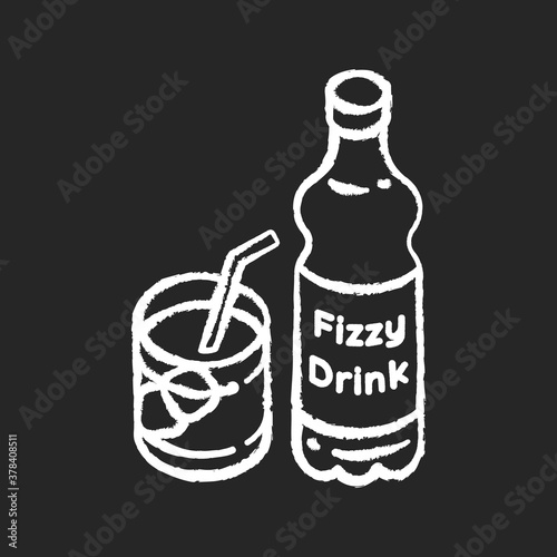 Fizzy drink chalk white icon on black background. Iced beverage in bottle. Liquid in mug. Sparkling soft drink. Bar menu. Bottled lemonade. Fast food drink. Isolated vector chalkboard illustration