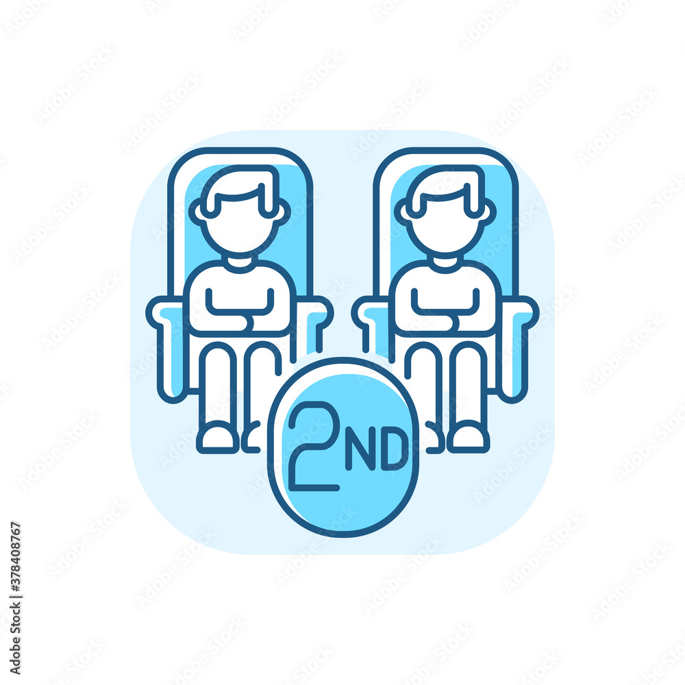 Second class seats blue RGB color icon. Budget travel, affordable railway service. Economy class transportation, cheap railroad tickets. Isolated vector illustration Second class seats blue RGB color icon. Budget travel, affordable railway service. Economy class transportation, cheap railroad tickets. Isolated vector illustration
