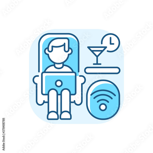 Lounge car blue RGB color icon. Public transport with wifi. Comfortable railway service, relaxing trip. Train passenger using free wi fi isolated vector illustration