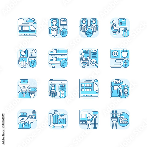 Train services blue RGB color icons set. City travel, railroad transportation. Modern railway commuting, passenger train tickets booking. Isolated vector illustrations