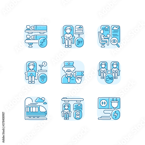 Railroad travel blue RGB color icons set. Affordable and first class train services. Railway transportation, urban and intercity commuting. Isolated vector illustrations