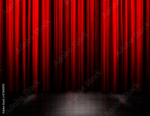 Beautiful red silk curtains as dark background decoration design, ideas. 3d illustration