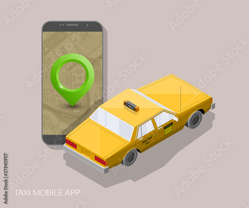 Yellow isometric taxi cab banner. Online mobile application order taxi service illustration. Flat car isometric quality banner. 3D taxi vehicle smartphone. Get a taxi online phone isometry application