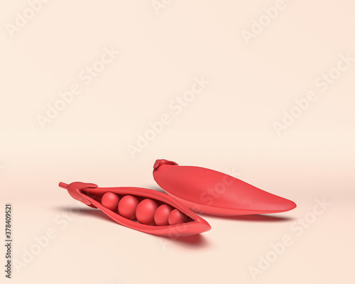 monochrome pea pod vegetable with flat solid red color in white background, 3d Icon, 3D rendering, healty meal