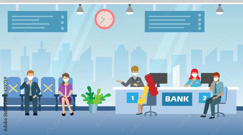 Obraz premium New normal, social distancing in workplace office. People wearing face mask, talking with bank officers.Idea for credit, deposit and financial consultation at bank during covid-19 coronavirus pandemic