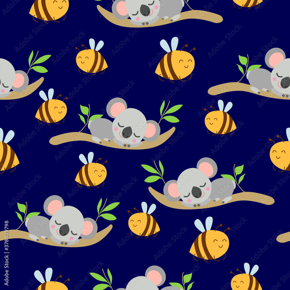 Seamless pattern with koala babies sleeping on eucalyptus branches and Yellow bees. Dark blue background. Flat design. Cartoon style. Cute and funny. For kids textile, wallpaper and wrapping paper Seamless pattern with koala babies sleeping on eucalyptus branches and Yellow bees. Dark blue background. Flat design. Cartoon style. Cute and funny. For kids textile, wallpaper and wrapping paper