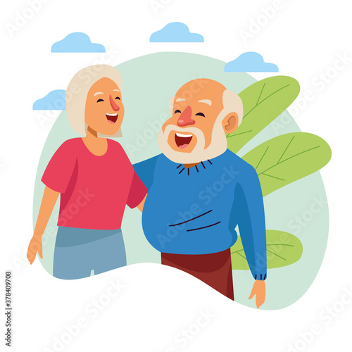 old couple happy outdoor scene active seniors characters