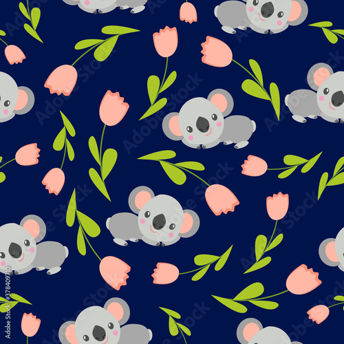 Seamless pattern with koala babies sleeping on eucalyptus branches and pink tulips. Dark blue background. Flat design. Cartoon style. Cute and funny. For kids textile, wallpaper and wrapping paper