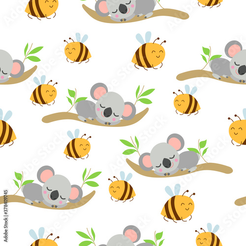 Seamless pattern with koala babies sleeping on eucalyptus branches and Yellow bees. White background. Flat design. Cartoon style. Cute and funny. For kids textile  wallpaper and wrapping paper. Summer