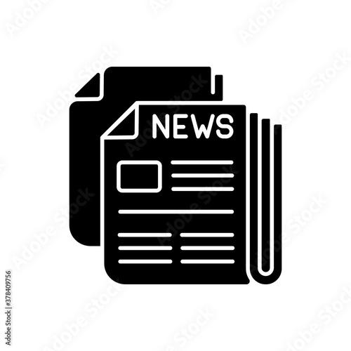 Newspaper black glyph icon. Mass media, postal service, journalism silhouette symbol on white space. Daily paper delivery. Information about latest events in world. Vector isolated illustration