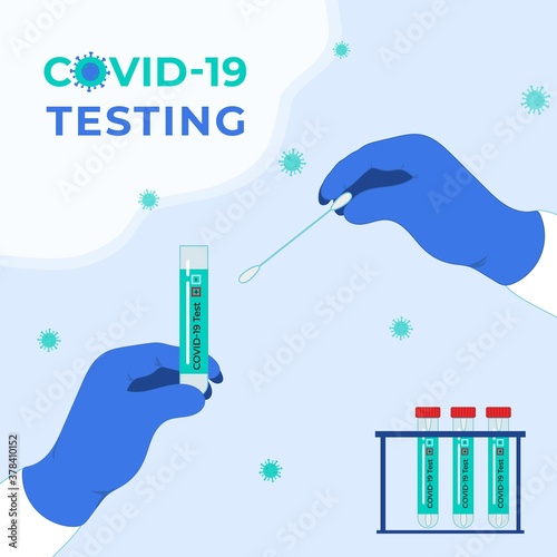 COVID 19 testing. Tubes with saliva sample. Coronavirus test. Lab research and diagnosis. Medicine banner template. Vector concept in flat style illustration.