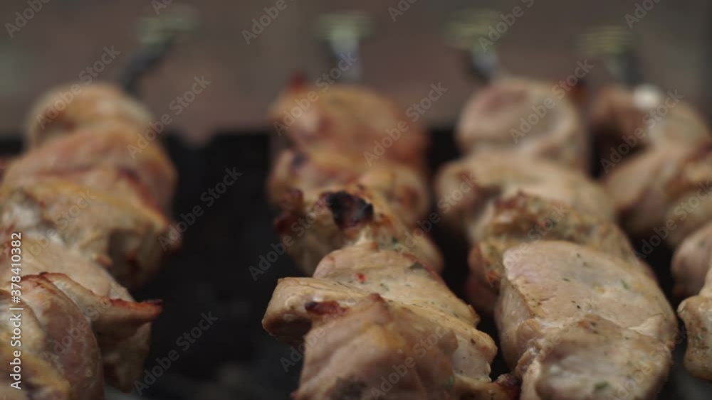 Close-up. On the brazier, bonfire, coals is cooked, juicy, rosy pork is fried, on skewers. Fat is flowing, there is smoke in the country Close-up. On the brazier, bonfire, coals is cooked, juicy, rosy pork is fried, on skewers. Fat is flowing, there is smoke in the country