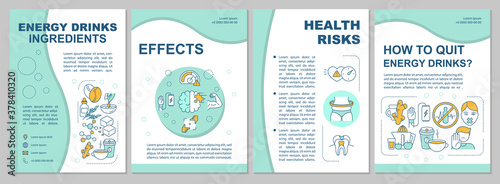 Energy drinks ingredients brochure template. Caffeine effect. Flyer, booklet, leaflet print, cover design with linear icons. Vector layouts for magazines, annual reports, advertising posters