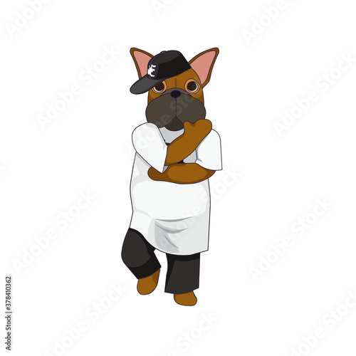 Brown French bulldog in RnB style on white isolated background, vector stock illustration in Cartoon style, concept of Street Dancing, Urban Lifestyle, Cute Dogs and Pets, also Hobby and Fashion.