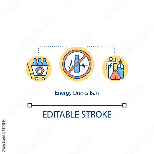 Energy drinks ban concept icon. Warning. Power person. Caffeine stimulates physical activity idea thin line illustration. Vector isolated outline RGB color drawing. Editable stroke