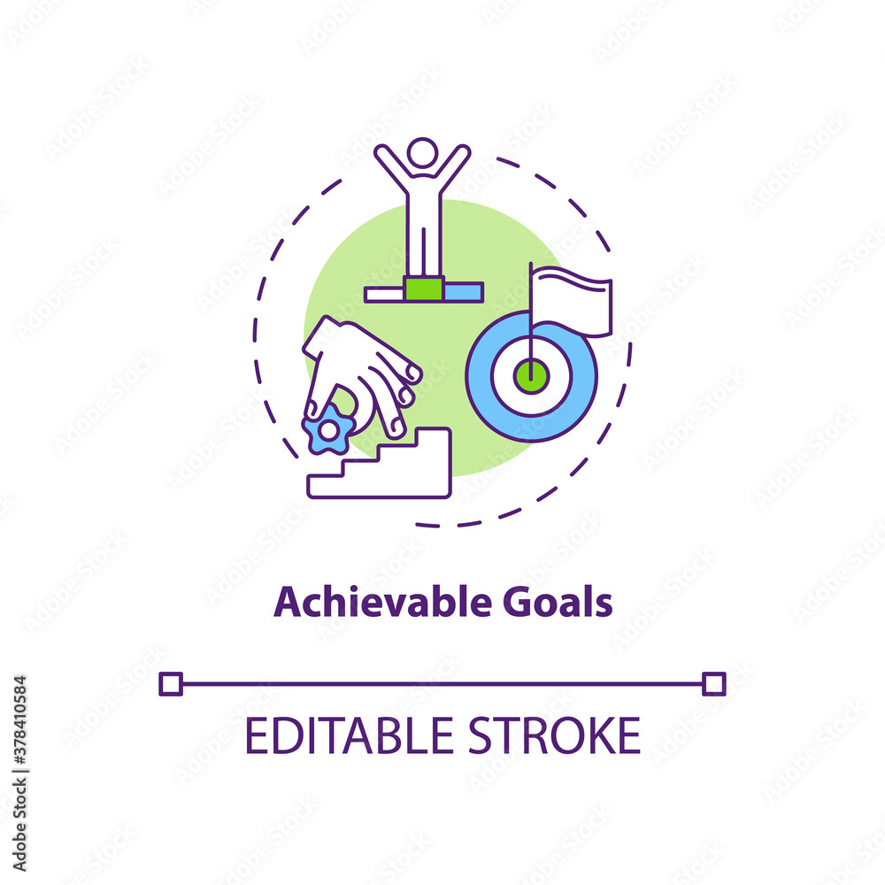 Achievable goals concept icon. Business life plan. Smart goals definition. Communication upgrade idea thin line illustration. Vector isolated outline RGB color drawing. Editable stroke Achievable goals concept icon. Business life plan. Smart goals definition. Communication upgrade idea thin line illustration. Vector isolated outline RGB color drawing. Editable stroke