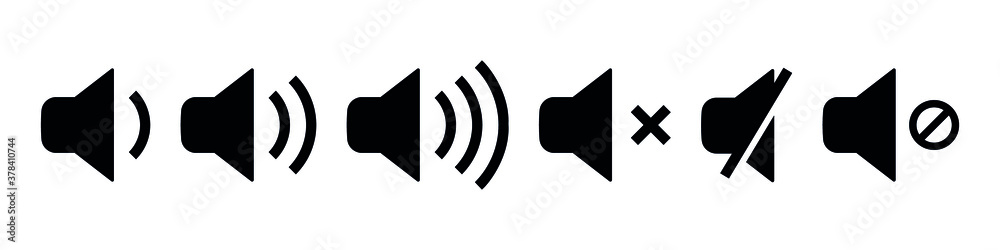 Set of volume icons. Black volume sound, Mute button speaker Set of volume icons. Black volume sound, Mute button speaker