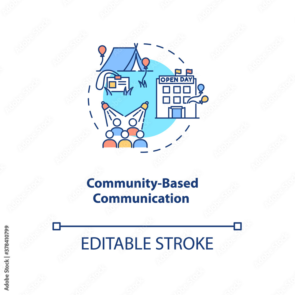Community-based communication concept icon. Communication channel. Company events and parties. Information life idea thin line illustration. Vector isolated outline RGB color drawing. Editable stroke