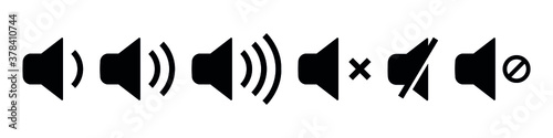 Set of volume icons. Black volume sound, Mute button speaker