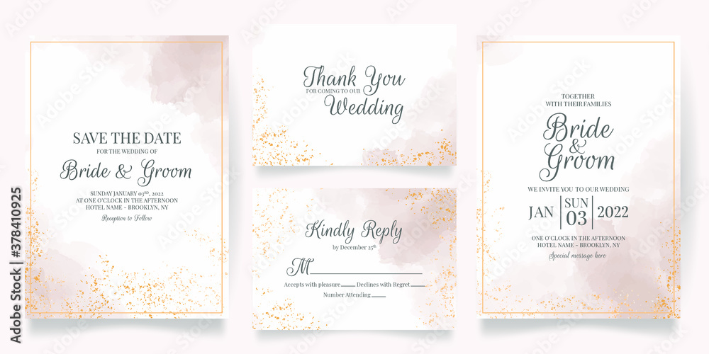 watercolor creamy wedding invitation card template set with golden floral decoration 