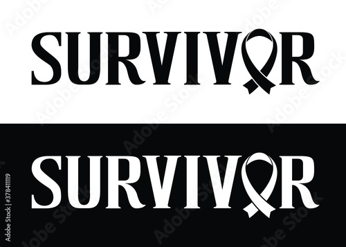 Survivor. Word with ribbon for cancer awareness. Set of 2 Brush painted letters on isolated background. Black and white. Vector text illustration for cancer awareness, t shirt design, print, poster, i