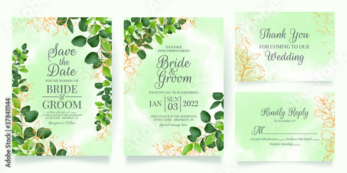 watercolor creamy wedding invitation card template set with golden floral decoration 