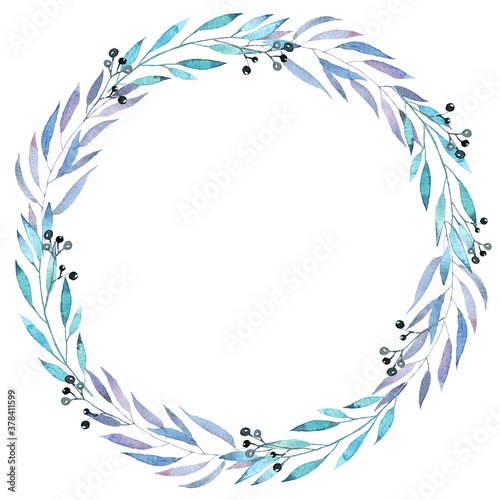 Watercolor hand painted wreath, cyan blue leaves wreath, greenery 