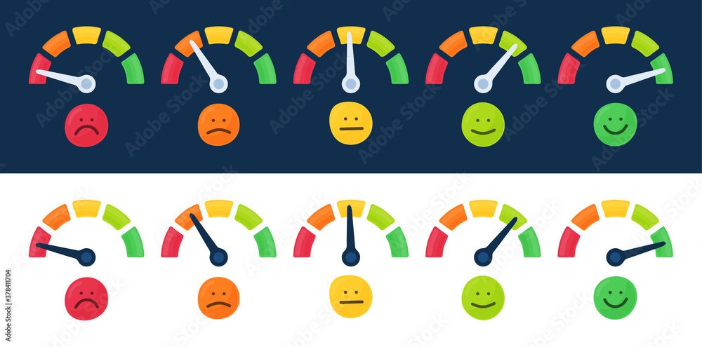 Speedometer, tachometer icon collection. Colour speedometer set. Scale from red to green performance measurement. Rating satisfaction concept with emotions vector illustration Speedometer, tachometer icon collection. Colour speedometer set. Scale from red to green performance measurement. Rating satisfaction concept with emotions vector illustration