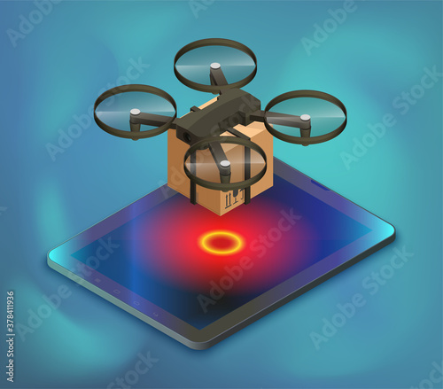 Drone delivery box above screen tablet. Quadcopter carrying package cargo to customer. Autonomous or wireless remoted flying drone. 3d isometric