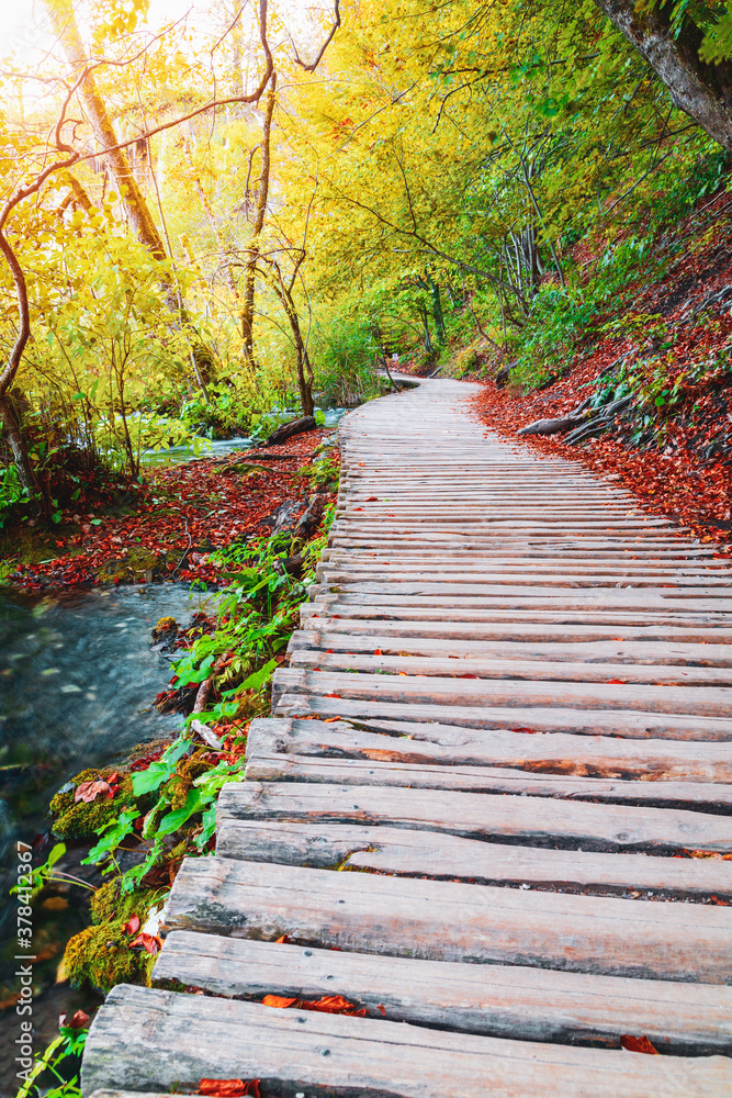 Famous Plitvice lakes with beautiful autumn colors and magnificent views of the waterfalls , Plitvice national park Famous Plitvice lakes with beautiful autumn colors and magnificent views of the waterfalls , Plitvice national park