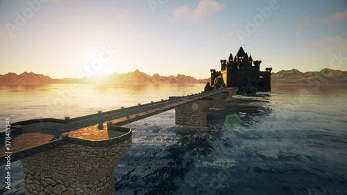 3D Rendered castle on the river in aerial scene photo