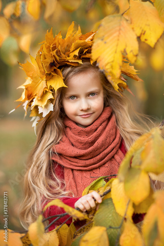 portrait of a beautiful girl child in autumn leaves