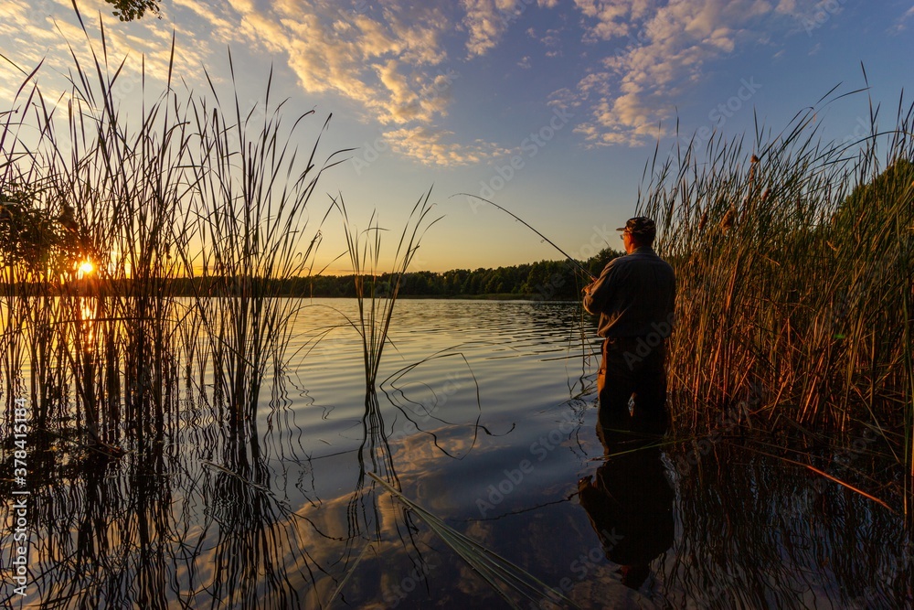 Silhouette of wading angler durring sunset Silhouette of wading angler durring sunset
