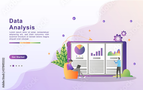 Data analysis concept. People analyze chart movements and business development. Data management, auditing and reporting. Can use for web landing page, banner, flyer, mobile app. Vector Illustration.