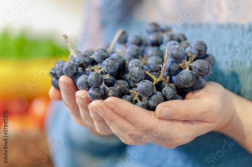 Woman holds bunches of grapes in her hands