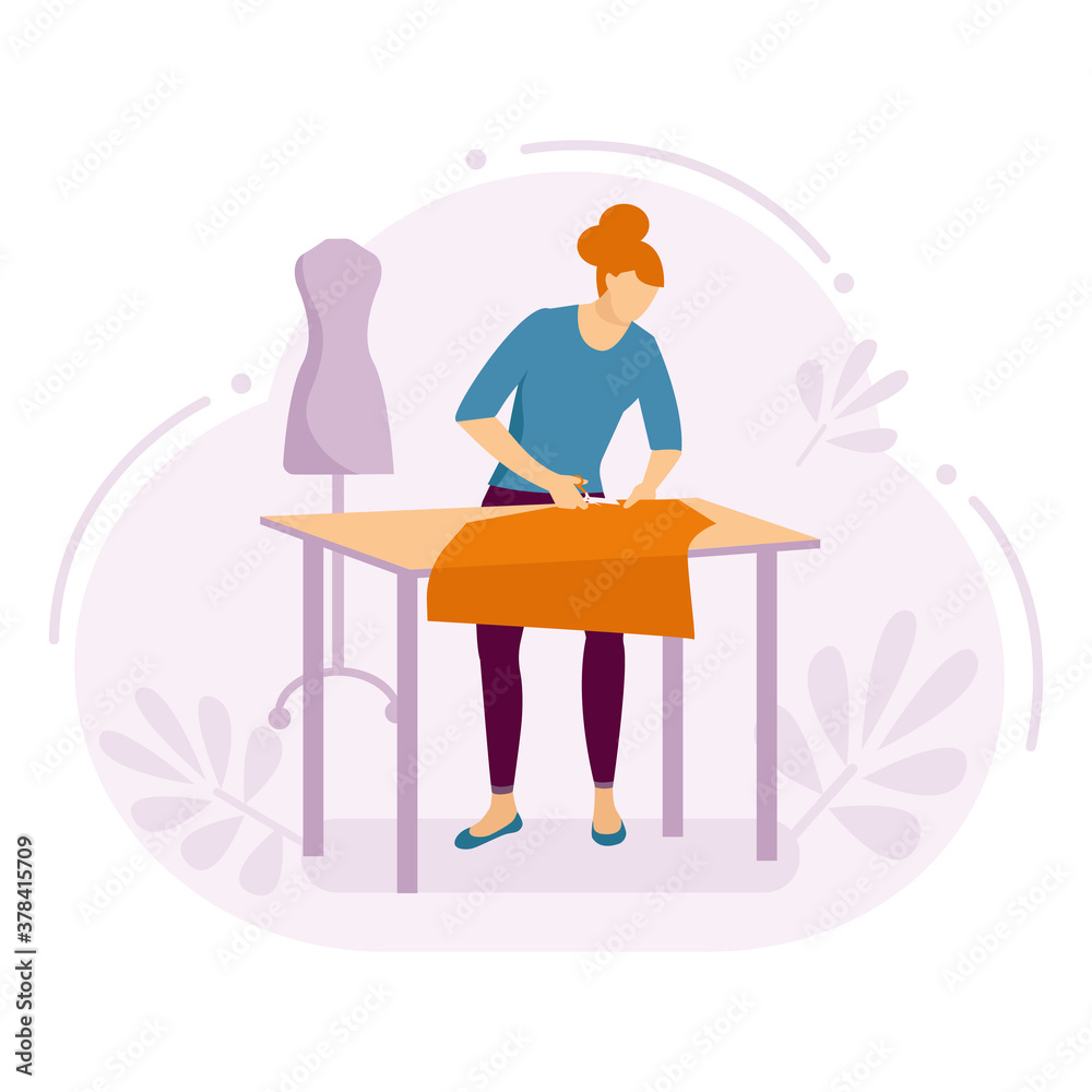 A woman cuts fabric in a tailoring workshop. Vector illustration in flat style.