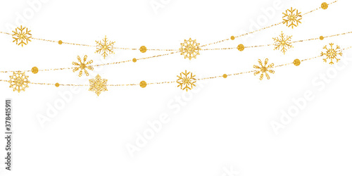 Glitter snowflakes garland on white background. Christmas golden decoration. Bright hanging snowflake and balls. Holiday party design elements. Luxury gold snow greeting card. Vector illustration