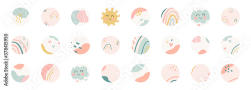Highlight covers big set. Cute kids nursery backgrounds. Hand drawn unique organic shapes composition. Fashion cover in pastel colors for bloggers. Minimal templates. Vector illustration