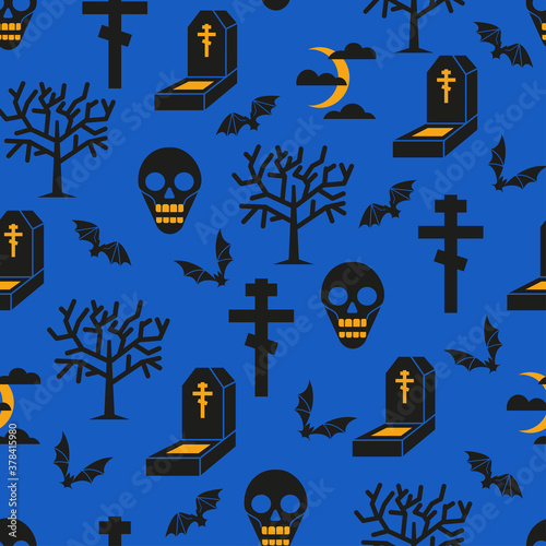 Halloween seamless pattern with graves, skull and trees silhouettes on blue background. Vector Illustration