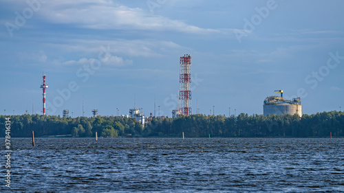 Construction of a plant and a terminal for the production and transshipment of liquefied natural gas in Vysotsk viewed from sea