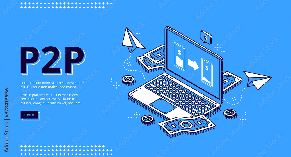 P2p isometric landing page, peer-to-peer lending, transfer money. One-rank  and client server network, business concept. Laptop and money bills around  on blue background, 3d vector line art web banner Stock-Vektorgrafik | Adobe